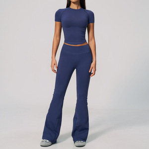 <b>Women</b> Seamless Yoga Sets 2 Piece <b>Short</b> Sleeve Crew Neck Top High Waist Flared <b>Leggings</b> Solid Active Wear - Product Image 2