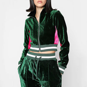 Conjunto de sudadera con capucha y pantalón de chándal de terciopelo para mujer, hecho a medida, con cremallera, bolsillos, top corto y pantalón de chándal de terciopelo, conjunto de dos piezas. - Product Image 2