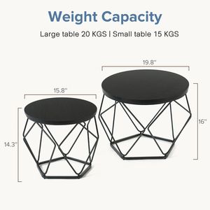 Modern <b>Nesting</b> <b>Coffee</b> <b>Table</b> <b>Set</b> of 2 Small Round Side <b>Tables</b> for Living Room or Bedroom Black Steel and MDF Accent End <b>Tables</b> - Product Image 3