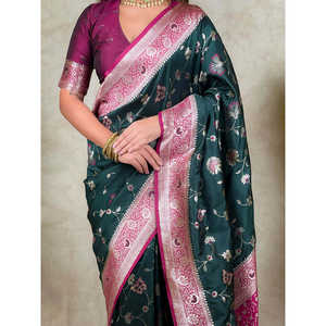 Sari en soie tissée Zari Banarasi Jaal Elite Weaves en vert bouteille 650g Vêtements indiens et pakistanais - Product Image 1