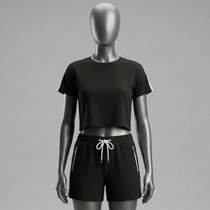 Ensemble de sport décontracté pour femme, col montant uni, longueur standard, t-shirt et short de jogging, 100 % coton molletonné respirant - Product Image 1