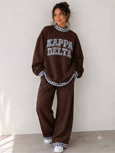 Custom Logo Women's Two-Piece Fall Sweatsuit Long-Sleeve Knit <b>Mock</b> <b>Neck</b> <b>Tops</b> Wide-Leg Pants Set Streetwear Casual Set - Product Image 3