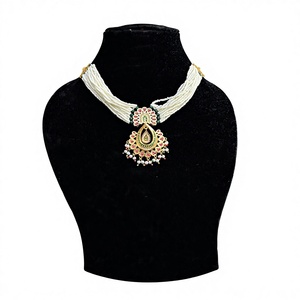 สร้อยคอจี้ทองเหลืองชุบทองแบบอินเดีย ประดับมุกคุณภาพสูงที่สร้างขึ้นในห้องปฏิบัติการ พร้อมสายสร้อยลูกปัด สำหรับผู้หญิง เครื่องประดับสไตล์ชาติพันธุ์ ส่งออก - Product Image 1