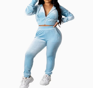 Women <b>Plus</b> <b>Size</b> Purple Velour Tracksuit <b>Set</b> Hooded Crop Top Full Length <b>Joggers</b> Solid Color Casual Wear Full Sleeve Side Pockets - Product Image 3
