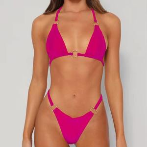 Conjunto de Bikini de Dos Piezas para Mujer, Top Halter Cruzado, Braguita Tipo Tanga, Color Sólido, Elástico, de Secado Rápido, Ropa de Playa - Product Image 6