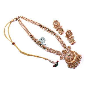 Neesha Antique Gold Long <b>Necklace</b> & <b>Earring</b> <b>Set</b> with Zircon <b>and</b> Pearl for <b>Bridal</b> Wedding Festival - Product Image 4