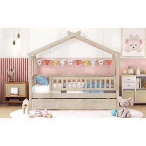 Letto a capanna in legno naturale per bambini, con letto estraibile, per cameretta singola - Product Image 5