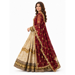 Lehenga Choli de Seda Beige con Dupatta Roja Bordada, Vestido Afgano para Boda, Largo hasta el Suelo, Corte Holgado, Vestidos Kuchi Afganos para Mujer - Product Image 3