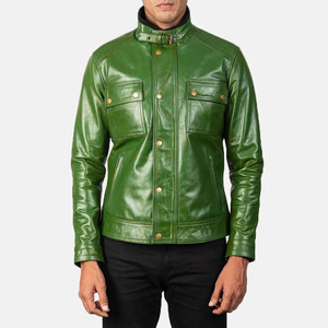 Econex Sports Men's Green PU Leather Breathable Moto <b>Jacket</b> Turn-down Collar Zipper Closure Button Details <b>Slim</b> <b>Fit</b> Winter High - Product Image 5