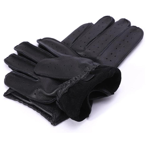 Gants en cuir perforés noirs à doigts complets - Mitaines robustes pour la conduite et le cyclisme - Accessoires de course en cuir véritable pour hommes - Product Image 6