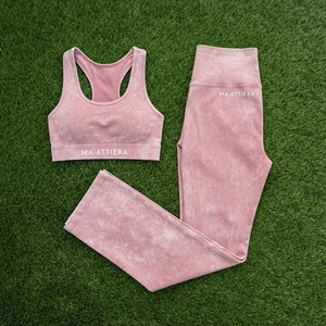 Women <b>Pink</b> Acid Wash Sports Bra Flare Leggings <b>Set</b> High Waist <b>Gym</b> Yoga Workout Activewear - Product Image 5