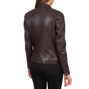 Chaqueta de Motociclista de Cuero Genuino Marrón para Mujer, Cuello Alto, Cierre de Cremallera, Manga Larga - Product Image 2