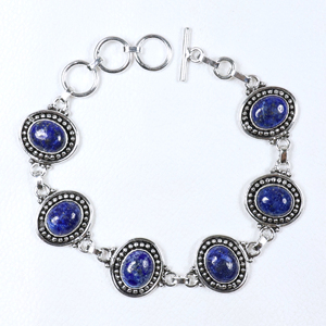Pulsera de Eslabones con Cierre de Palanca y Piedra Ovalada de Lapislázuli Chapada en Plata de Ley, Estilo Vintage de Alta Calidad, Joyería Étnica Bohemia - Product Image 2