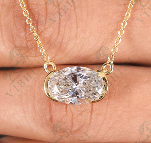 VIBHINI 3ct Oval Cut E VS1 CVD Certified Lab Diamond 14K Yellow Gold Rhodium Plated Delicate <b>Chain</b> Half Bezel Trendy Pendant - Product Image 2
