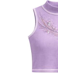 Camiseta sin mangas de cuello alto acanalada lila personalizada para mujer con diseño floral de pedrería, sin mangas, de verano, fabricante personalizado - Product Image 2