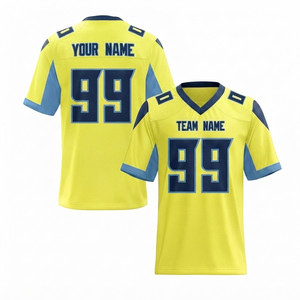 เสื้อฟุตบอลอเมริกันสีเหลืองนีออนสั่งทำขายส่ง ระบายอากาศได้ดี ปักชื่อได้ สำหรับทุกเพศทุกวัย แขนสั้น ผ้าฝ้าย 100% แบบซับลิเมชั่น - Product Image 1