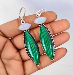 New Trendy Malachite Moonstone <b>Silver</b> Plated <b>Clip</b>-on Earrings Women's Jewelry Handmade Brass Wedding Third Party Appraisal - Product Image 2