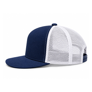 Casquette Trucker personnalisée bleu marine et blanc en maille, à visière plate, structurée, 6 panneaux, broderie promotionnelle, casquette snapback - Product Image 1