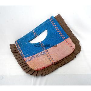 Ethnic Blue Textile <b>Handbag</b> With Brown Ruffles Cut Soft Handle Clasp Closure <b>Medium</b> Size Daily Use - Product Image 6