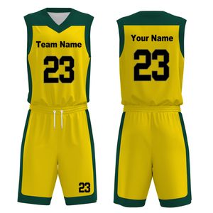Conjunto de Uniforme de Baloncesto Personalizado Amarillo y Verde, Cuello en V, Sin Mangas, Absorbente de Humedad, con Número 23 e Impresión del Nombre del Equipo - Product Image 1