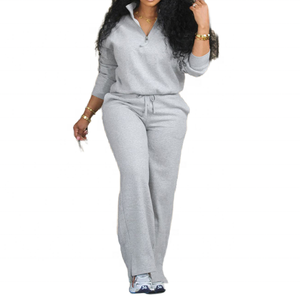 Conjunto Deportivo de Dos Piezas para Mujer, Tejido, Color Gris Sólido, Manga Larga, Corte Holgado, Pantalones Largos con Cierre Frontal - Product Image 1