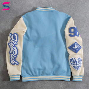 Good Selling Unique Design Patchwork <b>White</b> Blue Contrast Color Adult Outer Wear Breasted College Baseball Letterman <b>Jackets</b> - Product Image 2