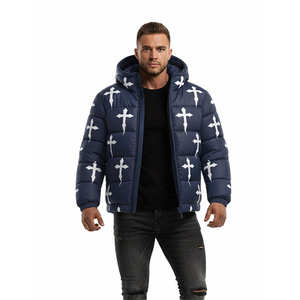 Nouvelle conception – Doudoune matelassée bleue à imprimé croix pour homme, avec capuche, manteau d'hiver bouffant, style streetwear, épais et chaud, personnalisable avec logo OEM - Product Image 1