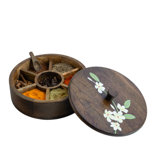 Caja de especias de madera de acacia con tapa giratoria magnética, 7 compartimentos, redonda, tipo Masala Dabba, para almacenamiento en la cocina, ecológica, apta para alimentos, ideal para regalo. - Product Image 5