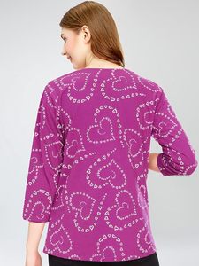 เสื้อยืดลำลองคอกลมแขนสามส่วนพิมพ์ลายหัวใจสีม่วงสำหรับผู้หญิง ผ้าฝ้ายถัก 100% ทรงหลวมใส่ได้ทุกฤดูกาล - Product Image 2