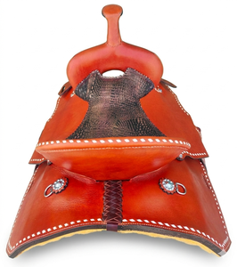 Silla de montar western de cuero para caballo con estructura de fibra de vidrio, silla de montar larga para equitación, silla de vaquero Roughout con adornos de alambre de púas - Product Image 2