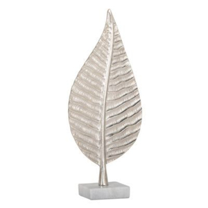 Sculpture moderne en aluminium poli en forme de feuille avec base en marbre blanc, figurine de table en métal argenté pour la décoration intérieure et les cadeaux, feuille de figuier - Product Image 1