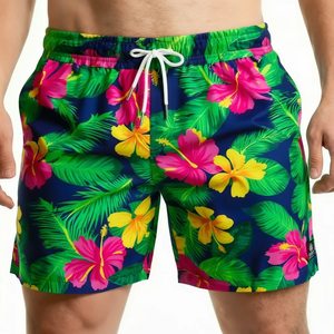Traje de Baño para Hombre, Estampado Floral, Secado Rápido, Cintura Media, Cordón Ajustable, Shorts Casuales, 100% Poliéster Tejido - Product Image 1
