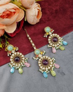 Round Uncut Stone Kundan Necklace With Matching Earring And Mangtika Designer Fashion Antique Gold Plated <b>Jewellery</b> Manufacturer - Product Image 6