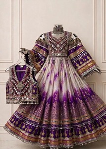 Purple Afghani <b>Dress</b> Mirror Koti Vest Traditional Kuchi Long Sleeve Lace Button Women Casual Flared Afghan Frock - Product Image 3