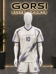 Ensemble de maillots de football unisexes personnalisés, col en V, sublimation, polyester respirant, shorts, chaussettes, séchage rapide, taille élastique, poches, sport - Product Image 1