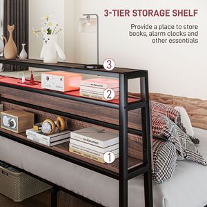 <b>Queen</b> <b>Size</b> Walnut Platform <b>Bed</b> Frame with LED Lights Charging Station Noise Free Headboard with Storage - Product Image 6
