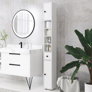 Armadio Alto Bianco per Bagno 180 cm Stretto con Ripiani Aperti, 2 Ante, Salvaspazio, Ripiani Regolabili per Ospedali - Product Image 2