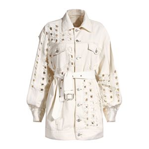 Chaqueta vaquera de mujer de estilo casual y moderno, con diseño perforado y personalidad, tejida de cuello alto y corte largo. - Product Image 1