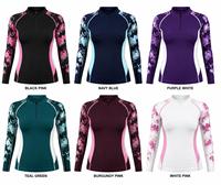 Haut de bain anti-UV à manches longues pour femme, imprimé floral noir et rose, en spandex et polyester respirant, écologique et à séchage rapide