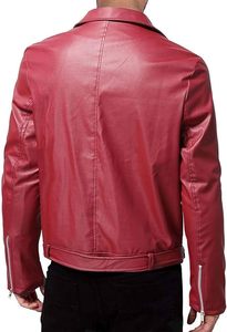 Blouson moto homme en cuir PU rouge, coupe ajustée, fermeture éclair, col rabattable, manches classiques, vêtement d'extérieur pour l'automne - Product Image 3