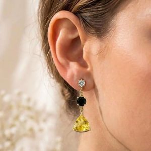 Lemon Quartz Trillion Cut & Black Obsidian Drop <b>Earrings</b> With CZ Accent Minimalist Stud <b>Dangle</b> Handmade 925 Sterling <b>Silver</b> - Product Image 3