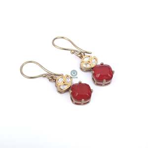 Tushi Polki 18K Gold Plated Drop Hoop Earrings-Ethnic Geometric Zircon & Pearl - Product Image 3