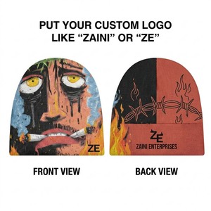 Gorro de Hombre, Tejido de Poliéster Premium de 250 GSM, Impresión Gráfica Personalizada en Toda la Superficie, Negro y Rojo, Cálido, Elástico, con Puño Acanalado, Gorro de Invierno con Logotipo - Product Image 1