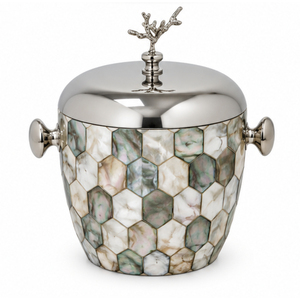 Mother of Pearl <b>Ice</b> Bucket with Lid and Coral Branch Handle Stainless Steel Metal Wine Champagne <b>Cooler</b> Hexagonal Shell Inlay - Product Image 1