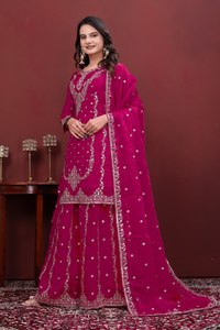 AARIKA TEXTILE Ensemble Sharara pour femme, tenue de soirée, en soie Fendy 1450 g/m², broderie de sequins, Kurta, pantalon intérieur, Dupatta, Diwali, Mariage, Ethnique - Product Image 2