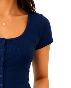 Blusa de punto acanalado azul marino personalizada para mujer, top corto de manga corta con botones frontales, corte ajustado, cuello cuadrado, informal, de algodón, para verano - Product Image 4