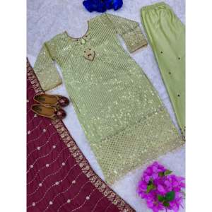 Conjunto de traje de fiesta para mujer de diseñador con parte superior inferior bordada y Dupatta - Product Image 3