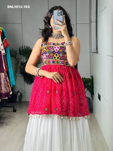 Festival wear Rayon Cotton with Plain & Frilled Flared <b>White</b> <b>Lehenga</b>-Bandhani Print & Embroidery Kediya Top Pair Indian Exporter - Product Image 5
