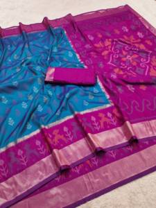 Vêtements ethniques indiens en soie Pochampalli tissée Zari, style Banarasi, contraste rose et bleu, blouse non cousue, sari de mariage recyclé - Product Image 6
