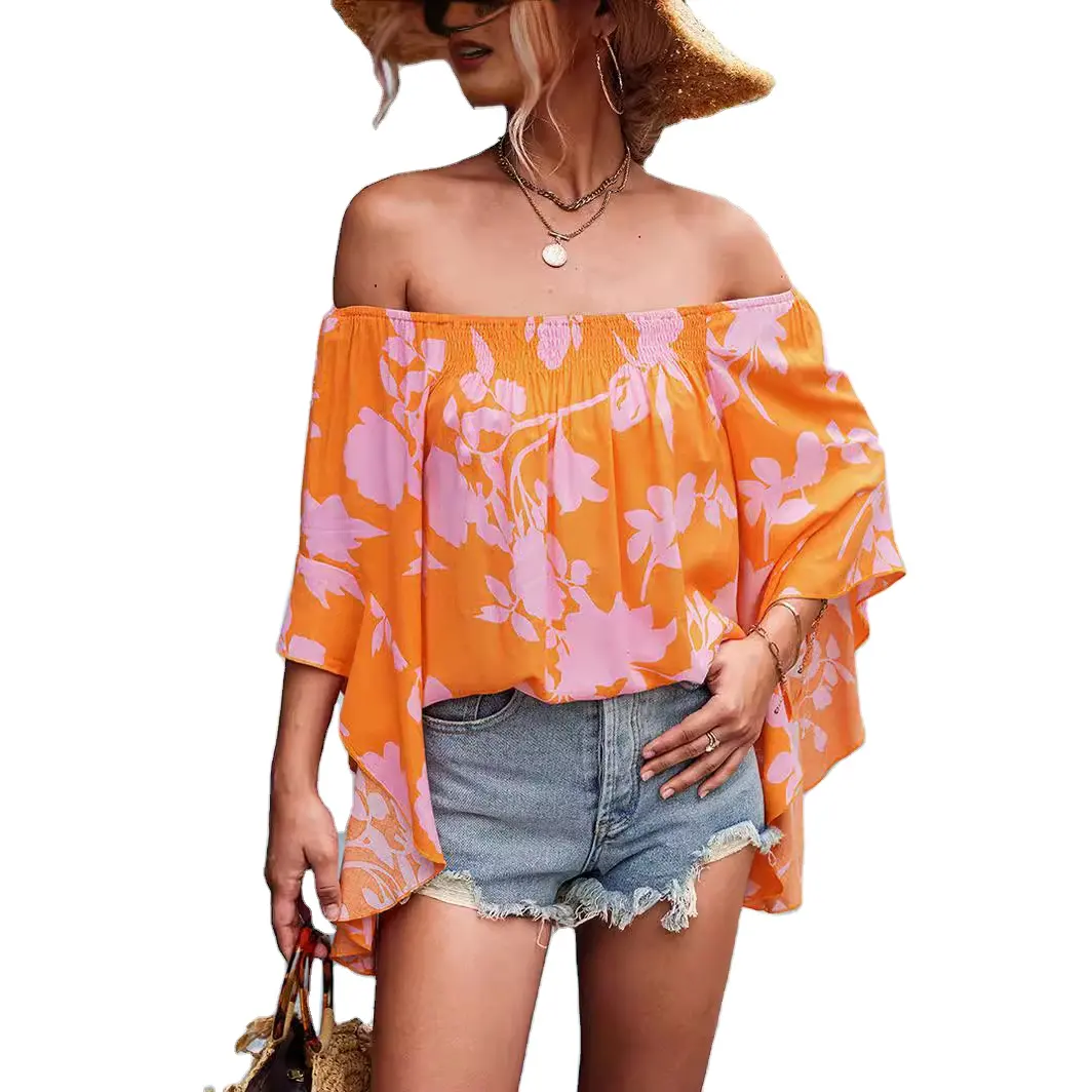 Aloha Woman custom design 100% rayon One shoulder bell sleeves vacation blouse digital printing woman top